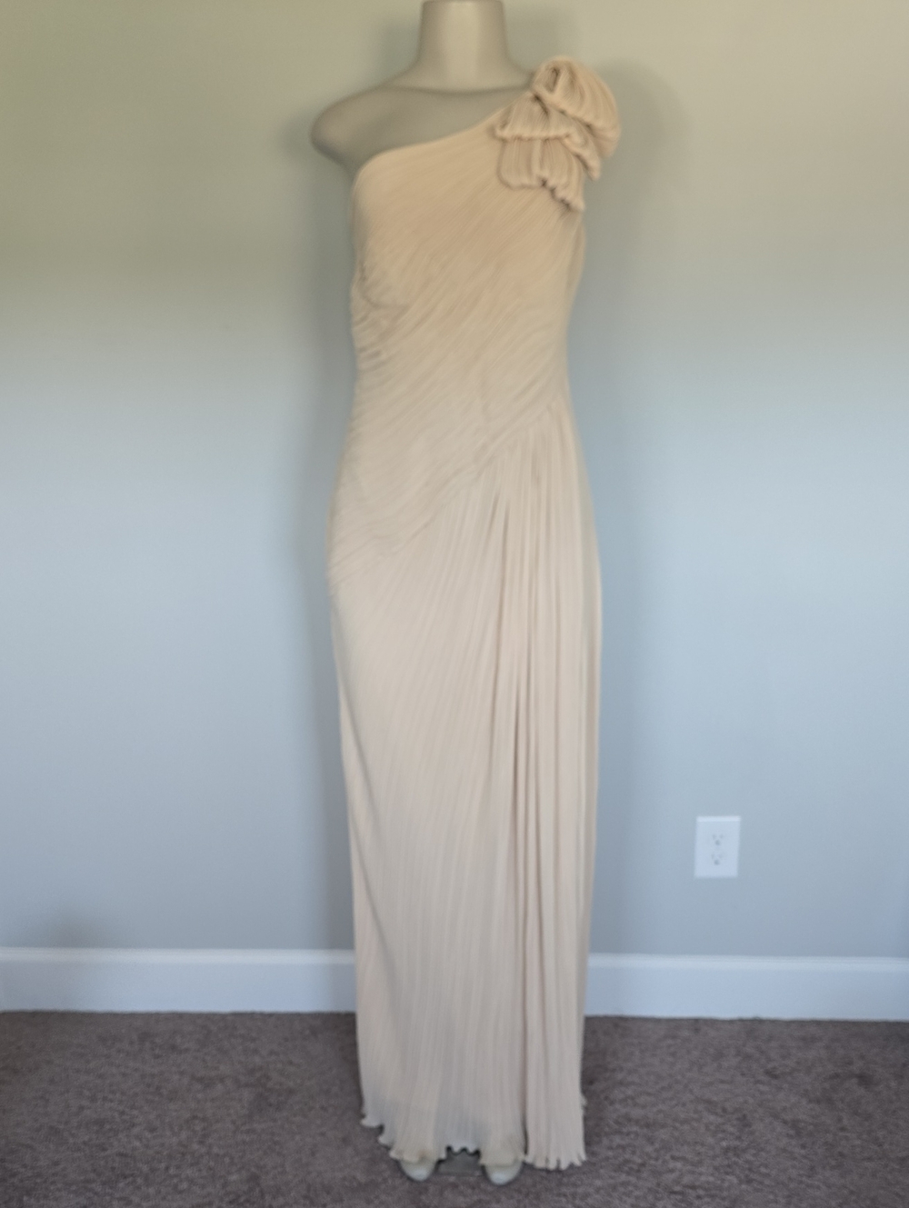 Tadashi Shoji nude/beige one shoulder floor length pleated dress-10